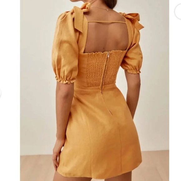 REFORMATION Yellow Ochre Spring Bow Sleeve Linen Mini Dress 2 - Picture 3 of 12